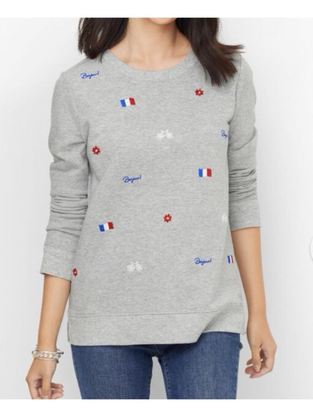 Talbots Pullover Top Womens Medium Gray Embroidered French Icons France Crewneck